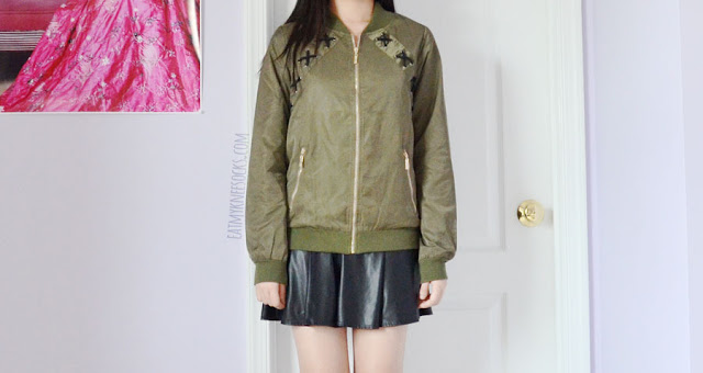 SheIn Fashion Review: Jacket/Coat Haul! Army green edgy lace-up criss-cross tied longline bomber jacket from SheIn, worn with a black leatherette faux leather suspender skater dress.