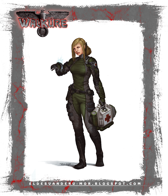 Ilustración de personaje -médico de campaña- hecha por ªRU-MOR para el juego de rol de WALKÜRE. Donde se representa una médico con indumentaria futurista o de ciencia ficción.