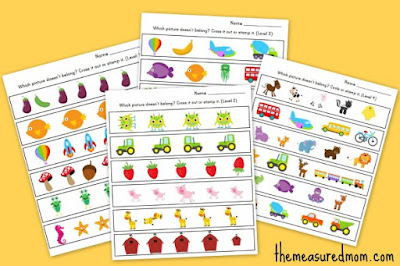 http://www.themeasuredmom.com/which-one-is-different-worksheets-for-preschool-and-kindergarten/