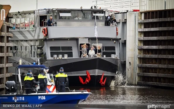 Dutch Queen Maxima, and Infrastructure and Environment Minister Melanie Schultz van Haegen ride a boat during the opening of the Maxima Channel in Rosmalen