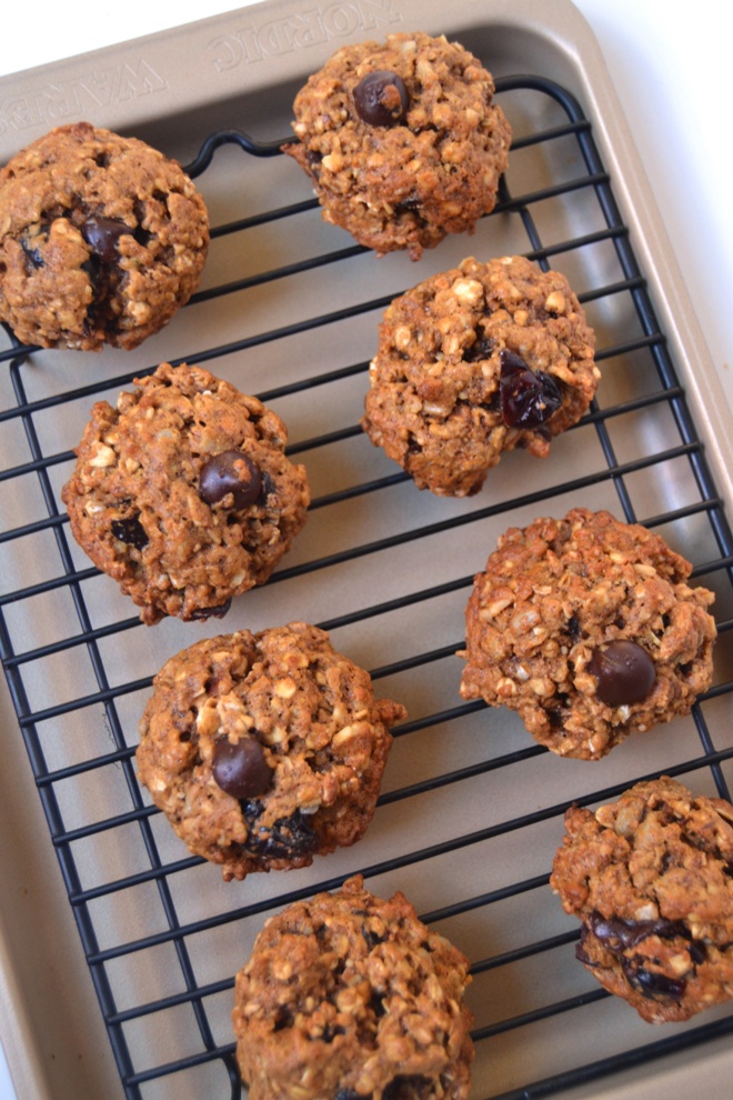 Chocolate Cherry Oatmeal Cookies are made healthier with oats, whole-wheat flour and flax. They are a perfect sweet treat with dried cherries and dark chocolate chips that are soft, slightly chewy and have crisp edges. www.nutritionistreviews.com