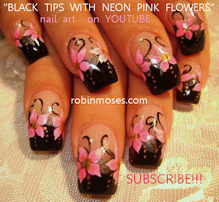 hot neon pink and black nails, mint green nails with roses, sky blue nails with roses, gothic emo beautiful summer nail art designs