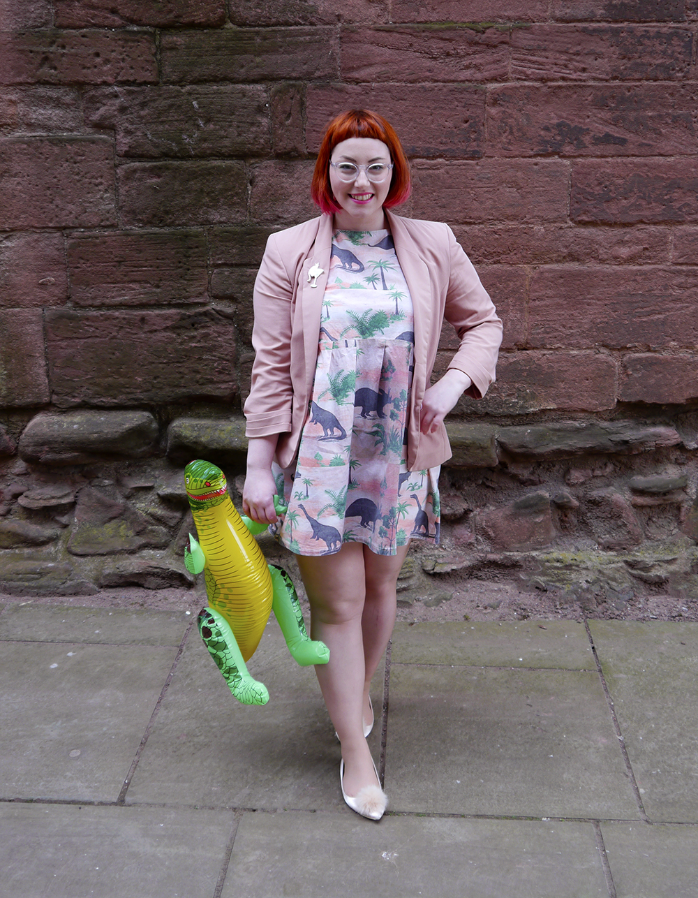 Styled by Helen, Scottish Blogger, red hair, red bob, Fashion Blogger, Dinosaur dress, dinosaur party, dinosaur style, pink outfit, Vintage Style Me, Vintage Style Me dinosaur dress, pink blazer, ASOS pink pom pom shoes, Karen Mabon x Lucky Dip CLub, Cat and cocktail brooch, Iolla glasses, subtle dip dye hair, pink and red hair, #seewithiolla
