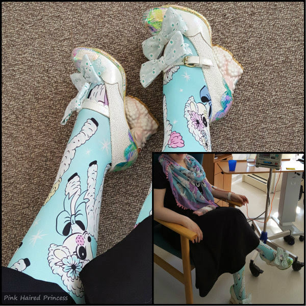 Irregular Choice lamb tights & scarf collage of legs wearing lamb tights and sitting wearing lamb tights, scarf and shoes