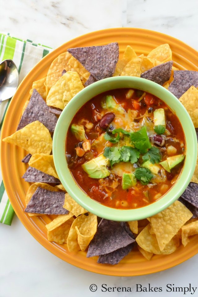 Hamburger Taco Soup recipe from Serena Bakes Simply From Scratch is a healthy, inexpensive dinner time favorite! 