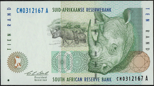South Africa Currency 10 Rand banknote 1999 White Rhinoceros