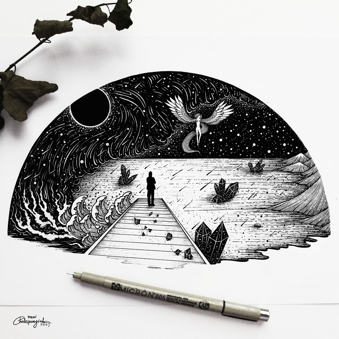 09-Solar-Eclipse-M-Chatzipanagiotou-Surreal-Black-and-White-Ink-Drawings-www-designstack-co