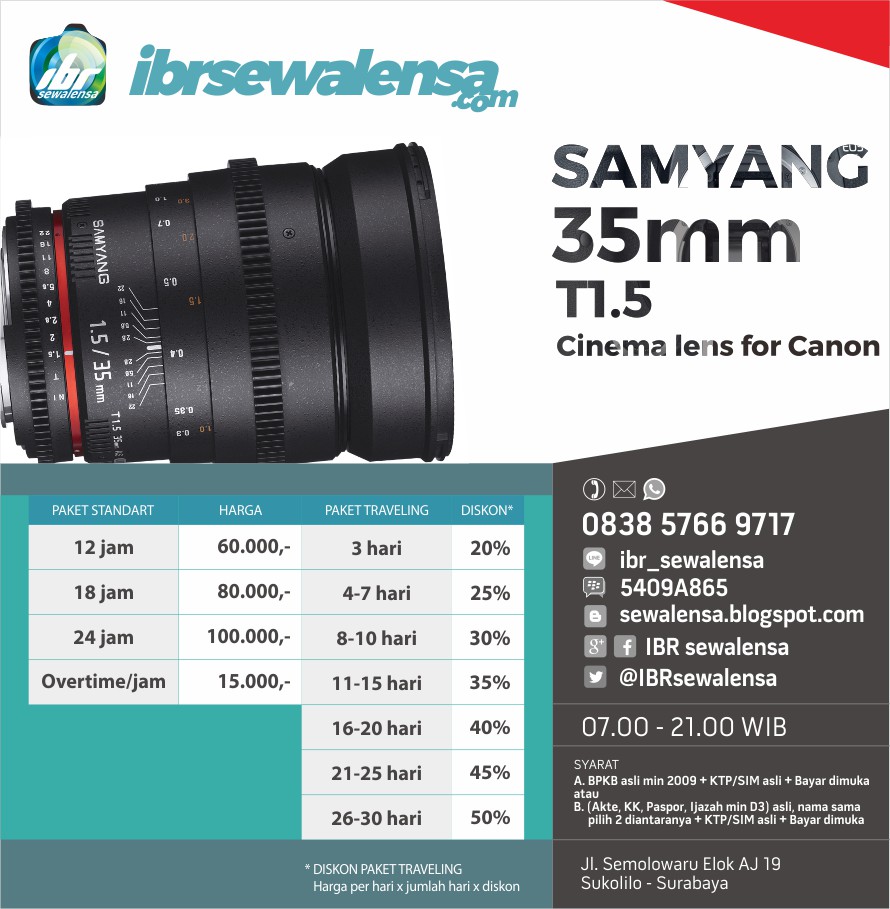 Samyang/Rokinon 35mm T1.5 VDSLR Cinema Lens for Canon Harga Sewa Rental Lensa Kamera