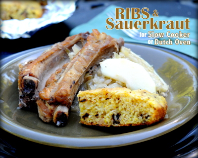 Ribs & Sauerkraut ♥ KitchenParade.com, cooked in a slow cooker or in a 'real' Dutch oven (pictured) over coals or an open fire. One Pot Dinner. Fix It & Forget It Dinner.