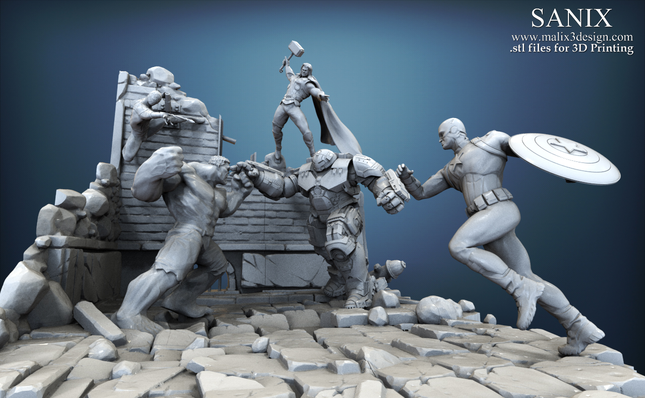 Full Avengers Diorama For 3d Printing Five Heroes Www Malix3design Com Sanix 3d Designer