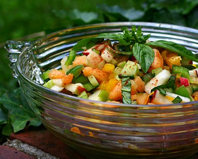 Mixed Fruit & Vegetable Salad, another healthy salad ♥ AVeggieVenture.com, an unusual and refreshing salad, a bright mix of chopped fruits and vegetables tossed with no more than salt and pepper and a little cinnamon.