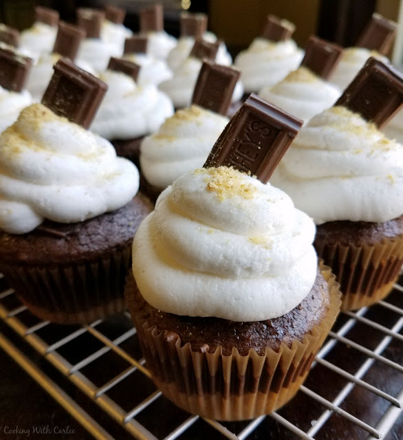 Chocolate cupcakes with a graham cracker crust and piled high with toasted marshmallow buttercream. S'mores cupcakes are a perfect bite of summer! batch of s'mores cupcakes on wire rack with fluffy white frosting piles on top dusted with graham cracker crumbs and a piece of hershey's bar stuck in top
