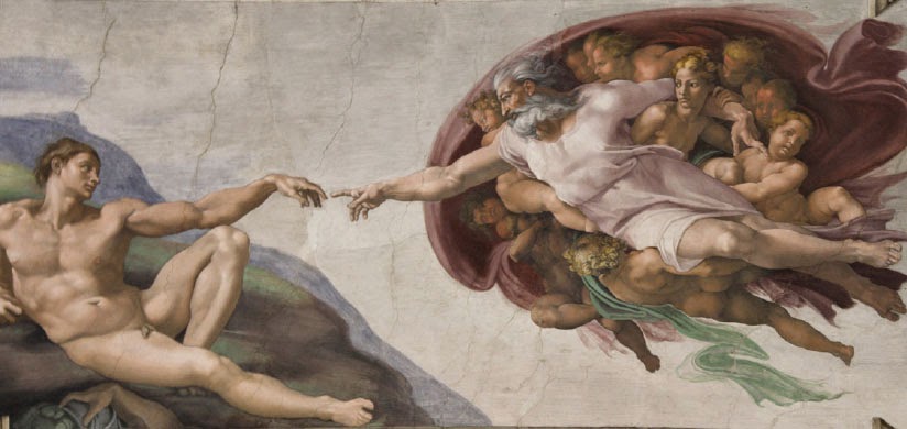 Imagem da obra "A Criação de Adão" que faz parte do conjunto de pinturas executadas no teto da Capela Sistina por Michelangelo, onde retrata Adão deitado no chão, sendo chamado à vida por um toque da Mão de Deus.