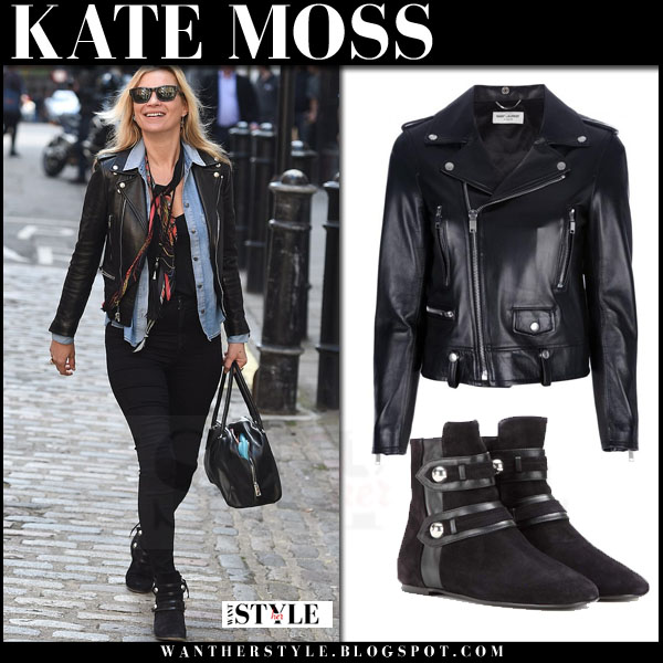 Kate Moss In Black Leather Biker Jacket And Suede Ankle Boots Kate Moss In Black Leather Saint Lau Biker Jacket Skinny Jeans And Suede