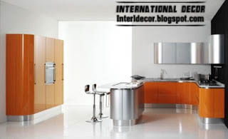 Contemporary orange kitchen cabinets designs 2015, orange and silver kitchen
