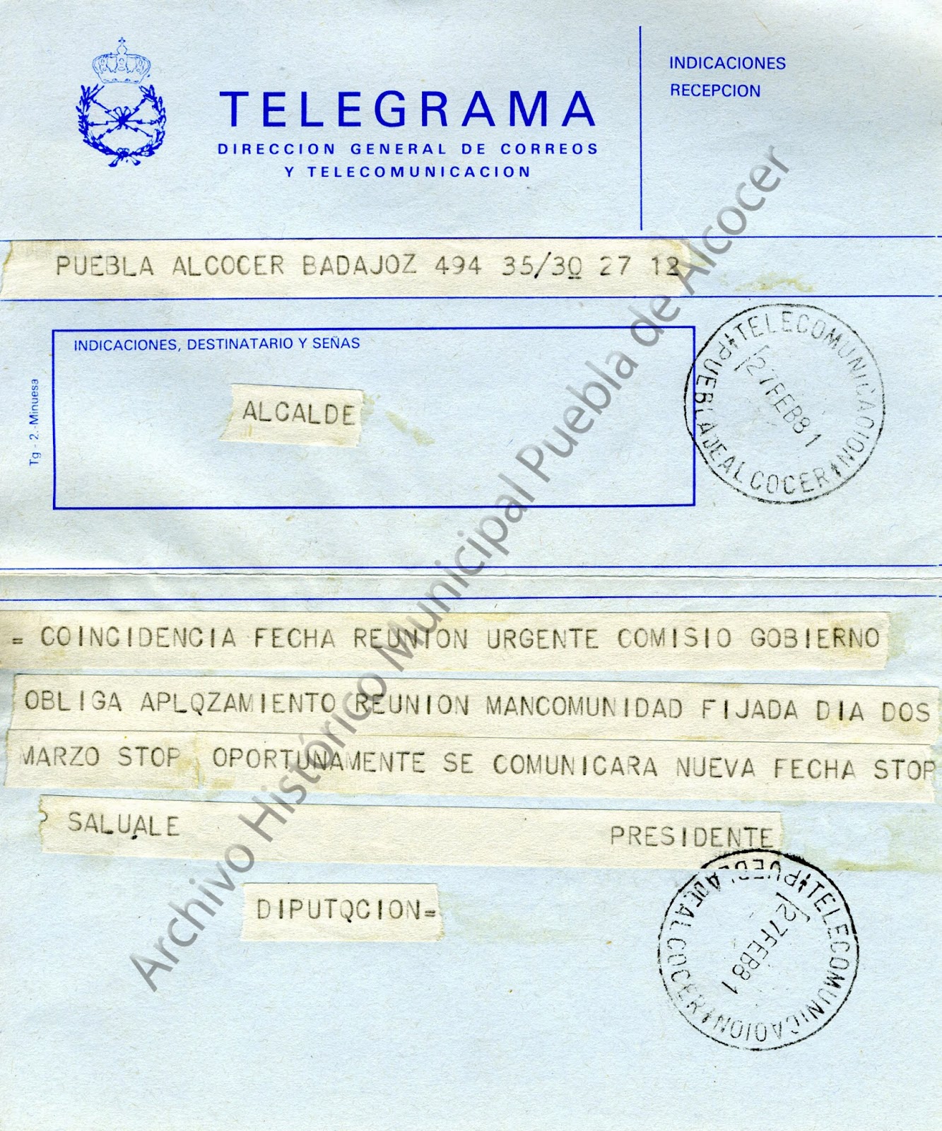 Archivo Histórico Municipal Puebla de Alcocer Telegramas Archivo Histórico Municipal Puebla de Alcocer Telegramas