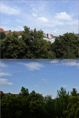 Zwei Blicke vom Balkon, jeweils der gleiche Ausschnitt: Die Bäume sind so gewachsen, dass von den Nachbarhäusern fast nichts mehr zu sehen ist