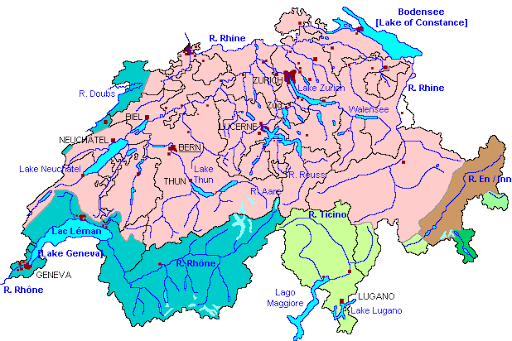 Switzerland Map with Rivers