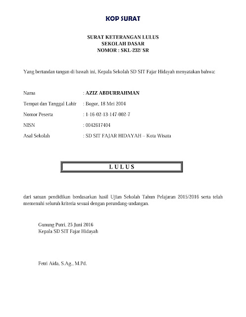 Contoh Surat Keterangan Lulus Sekolah Dasar Sd Folder Contoh Surat