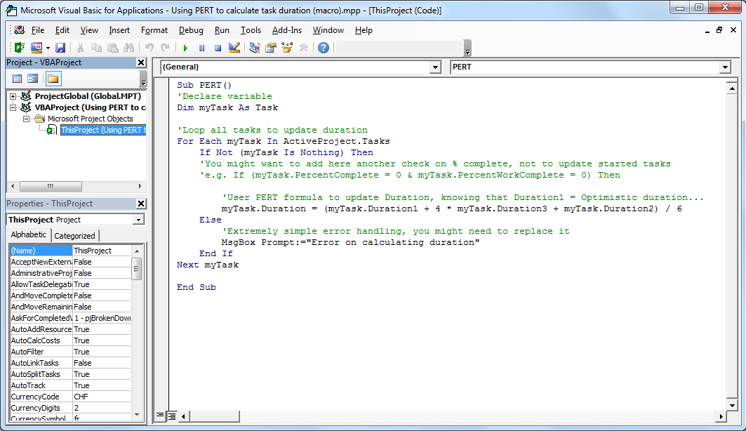Using PERT to calculate task duration in Microsoft Project