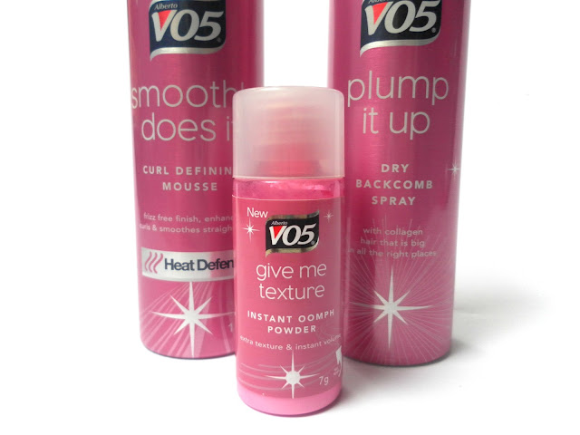 VO5 Smoothly Does It Curl Defining Mousse, VO5 Give Me Texture Instant Oomph Powder and VO5 Plump it Up Dry Backbomb Spray