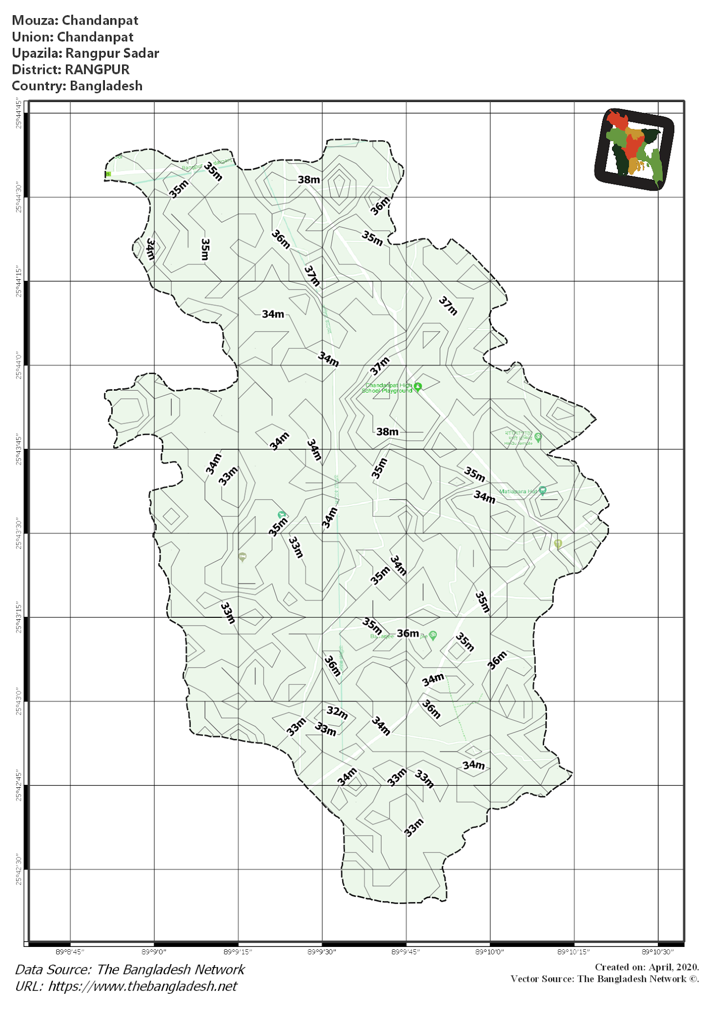 Map of Chandanpat Mouza of Rangpur Sadar Upazila, RANGPUR, Bangladesh.