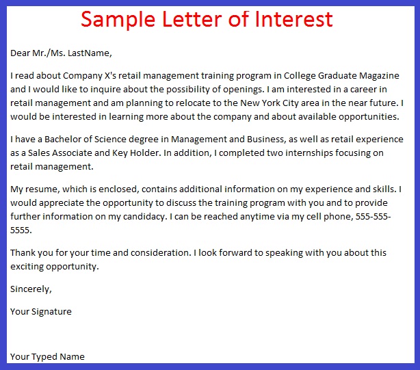 Sample of letters of interest for a job