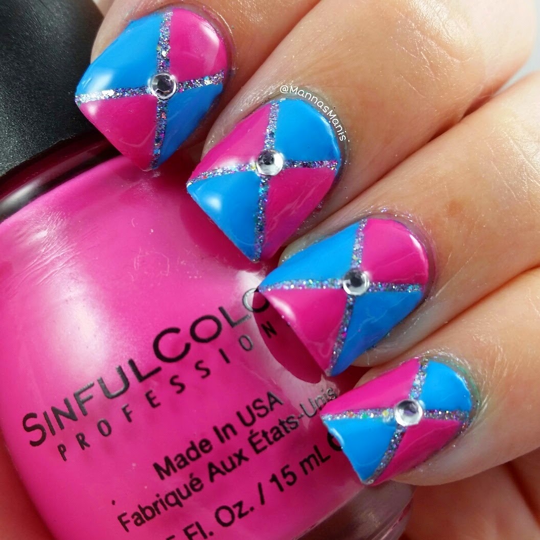 blue and pink rhinestone nail art