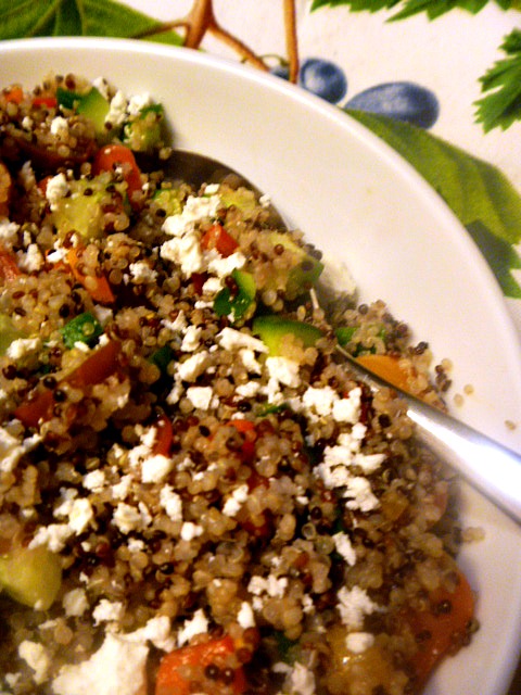 Mediterranean Quinoa Salad has hearty grains that is combined with veggies for a fresh and light side dish with a lemony twist.  Slice of Southern