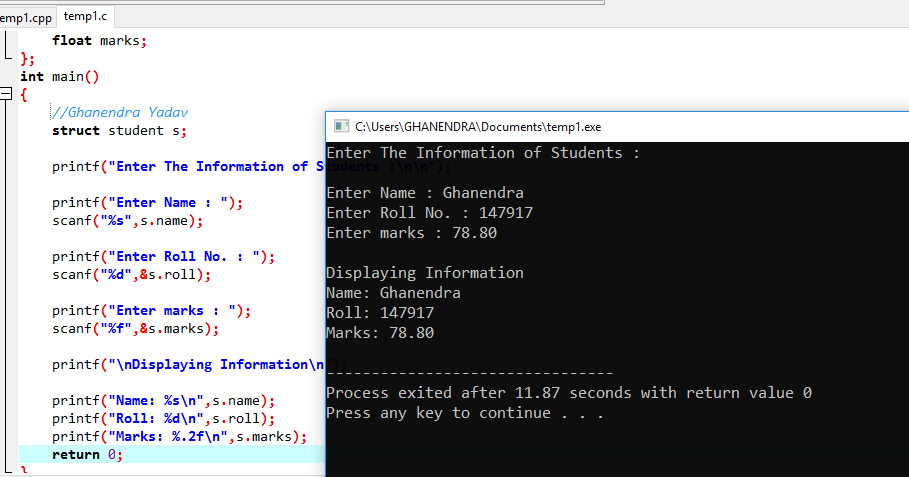 C Program To Calculate And Print Student Grade Using Structure