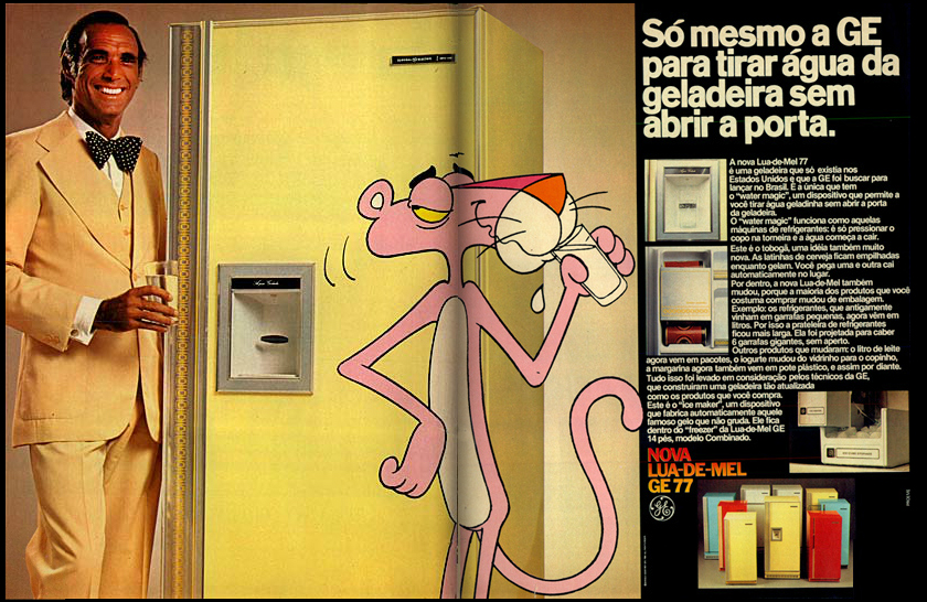 General Eletric em campanha publicitária em 1977 promovendo sua geladeira com compartimento de água na porta