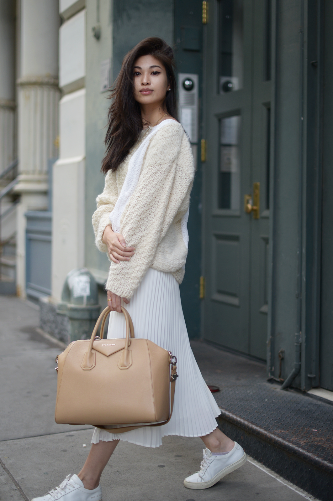 Cream Knits and White Pleated Skirt and Givenchy Antigona Beige / FOREVERVANNY.com