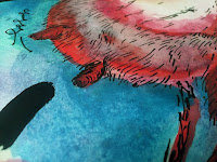 Close up photo of Kostas Gogas' drawing Red Fluffy Alien, depicting exactly that on a light green-blue background. Click to Enlarge.