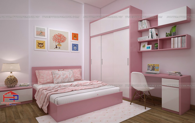 Ảnh thiết kế tủ quần áo cửa lùa 3 buồng bằng gỗ công nghiệp MDF lõi xanh phun sơn bệt Inchem cao cấp. Kết hợp màu hồng và màu trắng trong cùng một mẫu tủ quần áo mang đến không gian xinh xắn và dễ thương cho bé gái mau-tu-quan-ao-3-buong-cua-lua-12