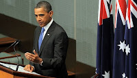 President Obama addresses the Australian Parliament in Canberra, Australia.