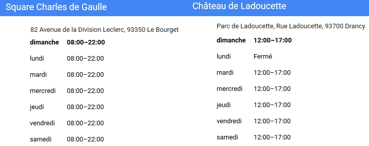 horaire d'ouverture des parcs de Drancy et du Bourget
