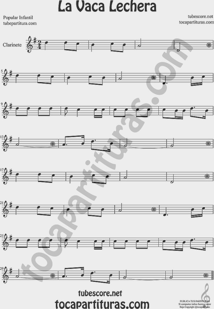 diegosax: Tengo una Vaca Lechera Partitura de Flauta, Violín, Saxofón Alto,  Trompeta, Viola, Oboe, Clarinete, Saxo Tenor, Soprano Sax, Trombón,  Fliscorno, chelo, Fagot, Barítono, Bombardino, Trompa o corno, Tuba