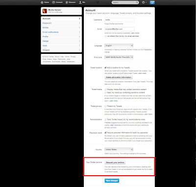 Twitter Settings - Archive Request button