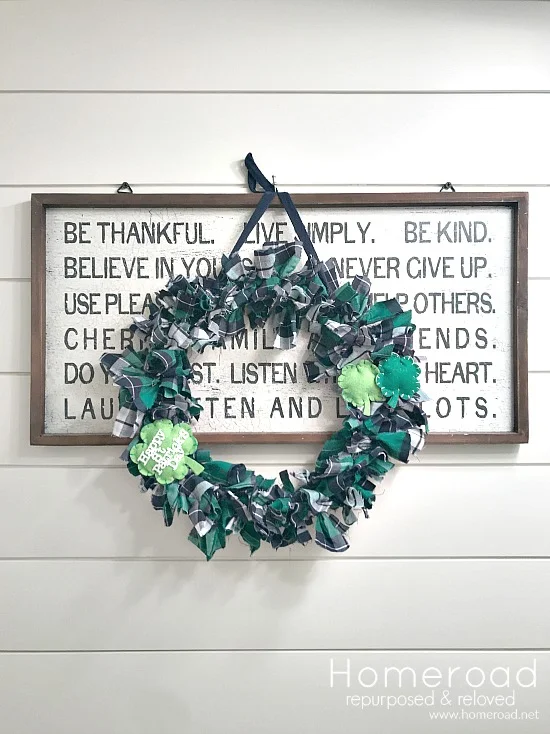 St. Patrick's Day Plaid Wreath on shiplap wall and lettered sign
