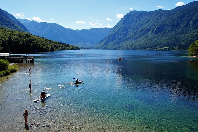 People Doing Water Sport at Lake Bohinj Slovenia People Doing Water Sport at Lake Bohinj Slovenia