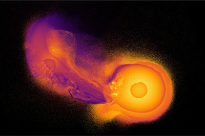 This image made from video provided by Durham University astronomy researcher Jacob Kegerreis shows a computer simulation generated by the open-source code SWIFT that depicts an object crashing into the planet Uranus. Kegerreis says the detailed simulations show that the collision and reshaping of Uranus 3 billion to 4 billion years ago likely caused the massive planet to tilt about 90 degrees on its side. (Jacob A. Kegerreis/Durham University via AP)