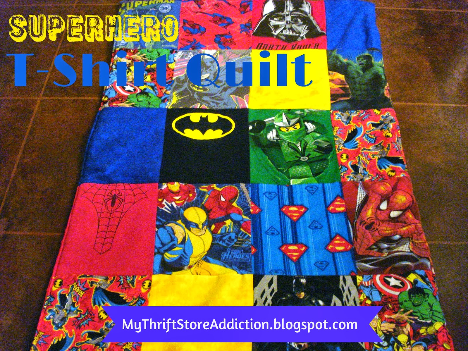 Tutorial for creating this adorable Superhero quilt from thrift store t-shirts! mythriftstoreaddiction.blogspot.com Superhero t-shirt quilt