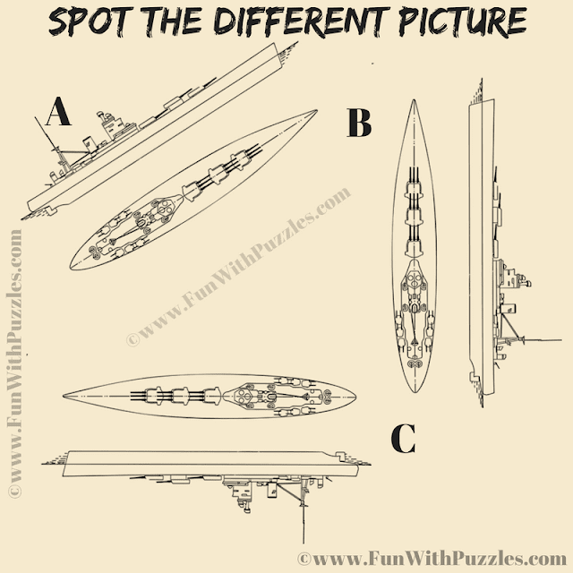 It is an Easy Odd One Out Visual Puzzle in which one has to find the battleship which is different from other two battleships