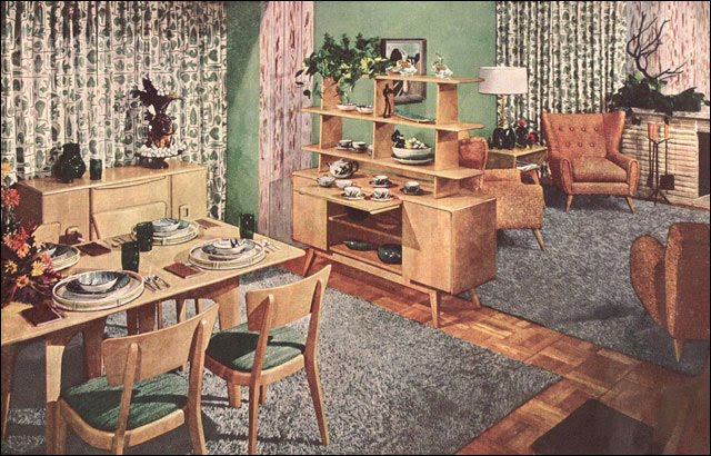 Modern 1950s living room and dining room