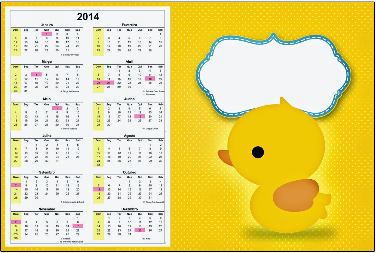 Rubber Ducky: Free Party Printables. Rubber Ducky 2014 Free Printable Calender.