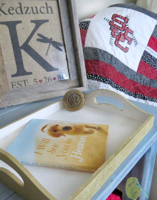 Book, K Antique Doorknob, Tray, Burlap Monogram, SJC Handmade Quilt on Farmhouse Nightstand