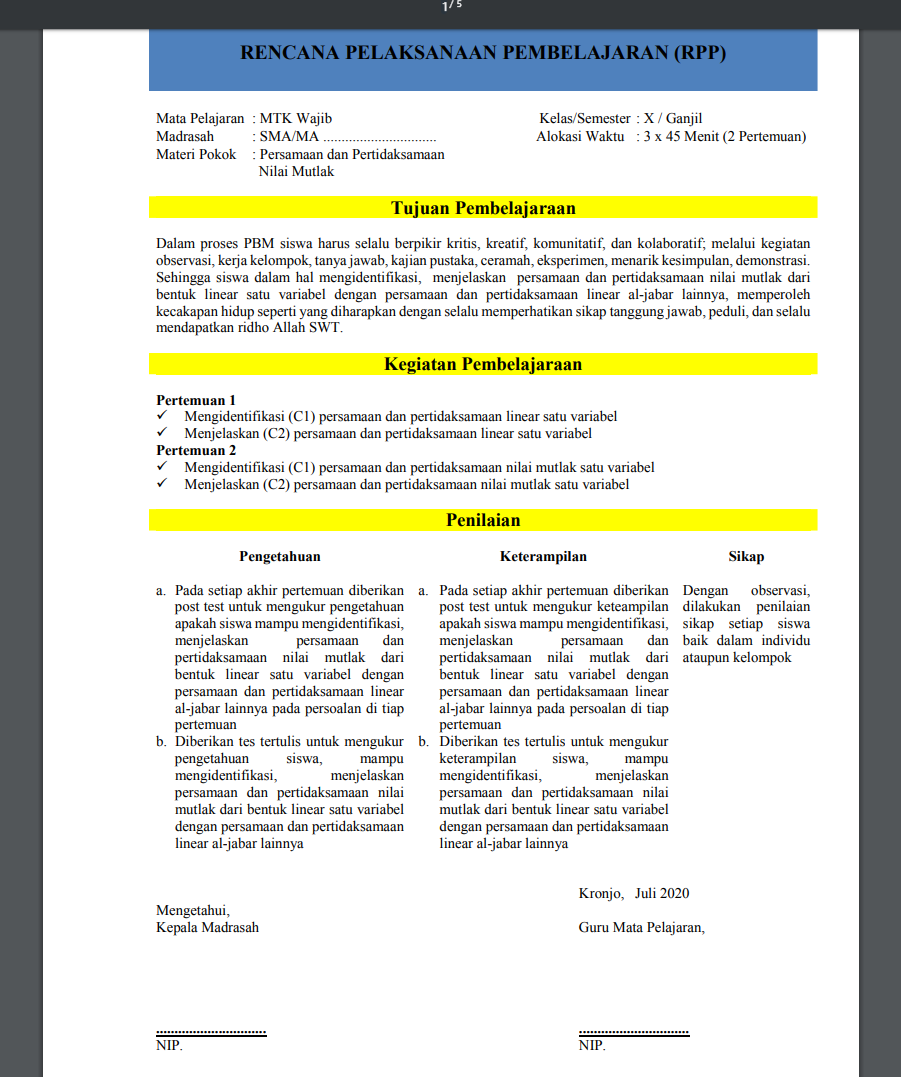 Download Contoh RPP 1 Lembar Matematika SMA/MA Kelas X