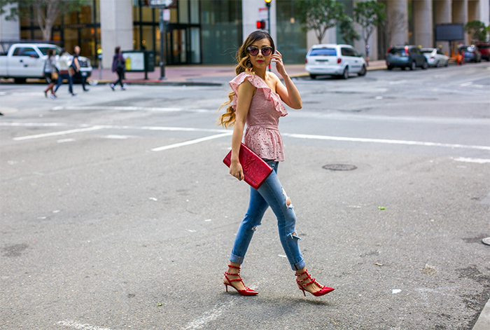 JOA Lace one shoulder peplum top, one shoulder peplum top, blank nyc jeans, valentino rock studs, baublebar tassel earrings, saint laurent clutch, quay sunglasses, spring outfit ideas, date night outfit ideas, san francisco street style, san francisco fashion blog
