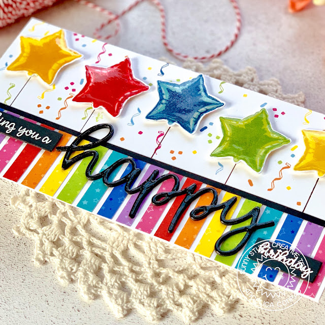 Sunny Studio Stamps: Surprise Party Paper Bold Balloons Happy Thoughts Silly Sloths Wrap Around Box Dies Birthday Card Birthday Gift Box by Angelica Conrad and Juliana Michaels