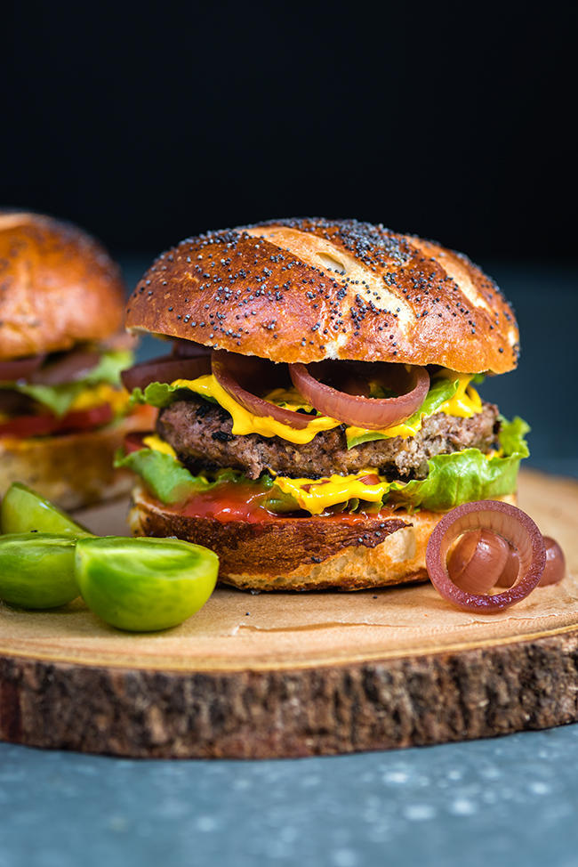 Sausage and Beef Burgers on Homemade Pretzel Buns supergolden bakes